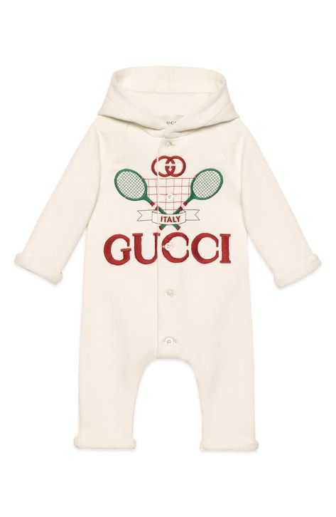 Gucci Embroidered Logo Hooded Romper available at #Nordstrom Luxury Baby Fashion, Gucci Baby, Climbing Clothes, Kids Clothing Brands, Gucci Outfits, Gucci Kids, Kids Boutique Clothing, Luxury Baby