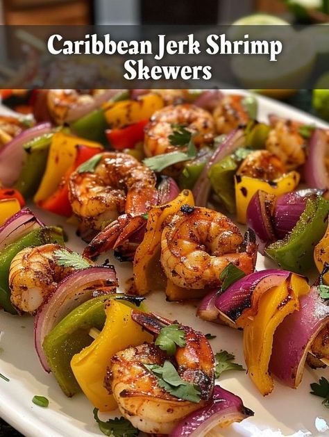 Easy Recipes - Caribbean Jerk Shrimp Skewers  Ingredients:... Grilled Jerk Shrimp And Pineapple Skewer, Shrimp Squers Recipes, Caribbean Party Food, Caribbean Dinner, Jamaica Party, Luau Party Food, Jerk Shrimp, Pineapple Skewer, Caribbean Party