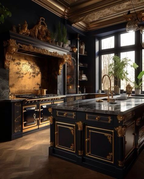 Gothic House Kitchen, Gothic Kitchen Aesthetic, Gothic Victorian Kitchen, Castle Kitchen Aesthetic, Gothic Castles, Goth Kitchen, Black Kitchen Design, Gothic Kitchen, Architectural Ideas