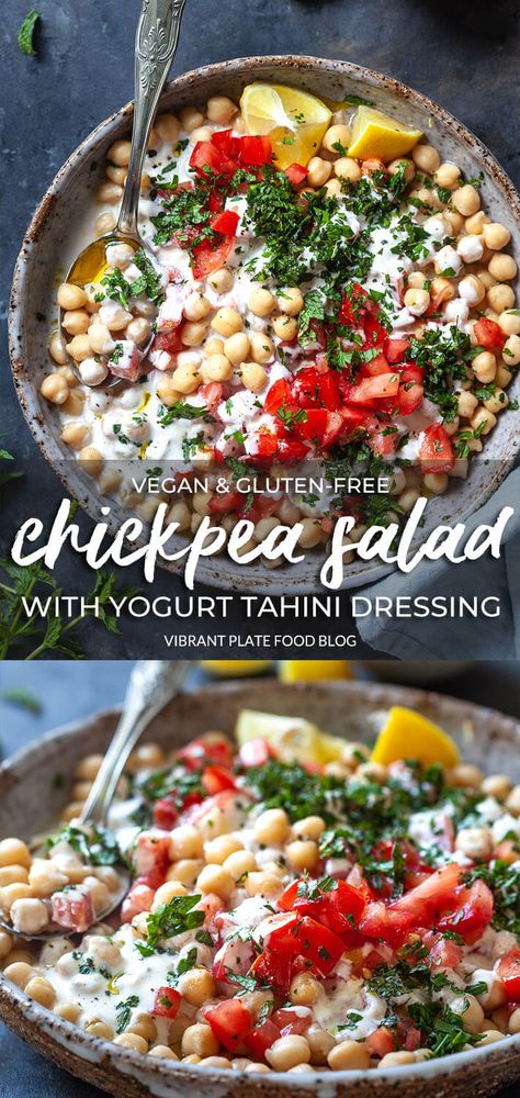 This simple Middle Eastern-inspired Chickpea Salad with Yogurt Tahini Dressing is fully plant-based, gluten-free, and full of flavor. Easy Salads To Make, Chicken Bouillon Powder, Chickpea Salad Vegan, Tahini Salad Dressing, Middle Eastern Salads, Chicken Salad Ingredients, Mediterranean Chickpea Salad, Vegan Salad Dressing, Chicken Bouillon