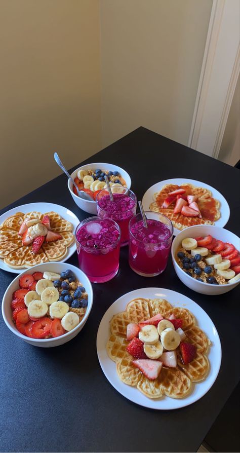 3 Sets of Breakfast that includes waffles and açaí bowls with fruits on both Breakfast Friends Aesthetic, Leavers Breakfast, Breakfast With Friends Aesthetic, Birthday Breakfast Aesthetic, Brunch With Friends Aesthetic, Brunch Aesthetic Friends, Waffles And Fruit, Waffles Brunch, Breakfast With Friends