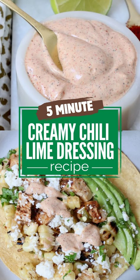 Make this creamy, flavorful Chili Lime Dressing to toss with salads, drizzle on tacos, smother on Mexican street corn, or use as a dipping sauce. It's easy to mix up this recipe with 6 simple ingredients in just 5 minutes! Creamy Chili, Taco Salad Dressing, Chili Lime Dressing, Mexican Sauce, Gluten Free Vegetarian Recipes, Fresh Squeezed Juice, Mexican Street Corn, Homemade Salad Dressing, Lime Dressing