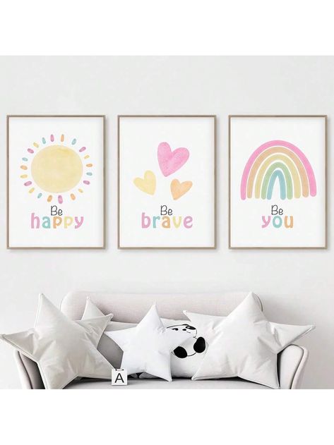 3 Pcs Be Happy Be Brave Be You Poster Positive Quotes Mental Canvas Painting Cute Sun Rainbow Wall Art Prints Nursery Decor Multicolor Scandinavian   Synthetic Fiber Geometric,Letter,Plants    Home Decor, size features are:Bust: ,Length: ,Sleeve Length: Canvas Painting Cute, Simple Kids Rooms, Kids Room Rainbow, Girls Room Paint, Toddler Wall Art, Nursery Canvas Art, Kids Bedroom Wall Art, Be You, Kids Bedroom Art