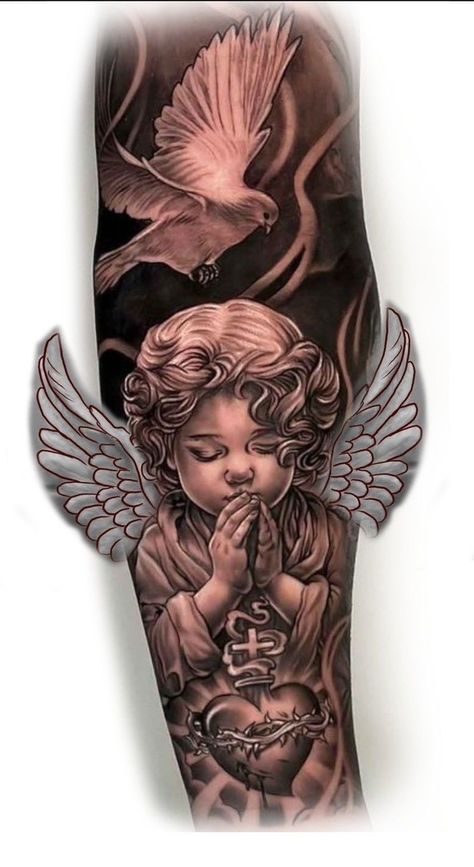 Angels Tattoo Designs For Men, Baby Angel Tattoo For Men, Gangster Angel Tattoo, Baby Angel Tattoo Designs, Angel Praying Tattoo, Angel Tattoo Designs For Men, Angel Sleeve Tattoo, Cloud Tattoo Sleeve, Guardian Angel Tattoo Designs