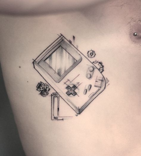 Gameboy Tattoo Gameboy Tattoo, Gaming Tattoo, Line Work Tattoo, Boy Tattoos, Tree Tattoo, Game Boy, Tattoo Models, Black And Grey Tattoos, Tattoo Sketches