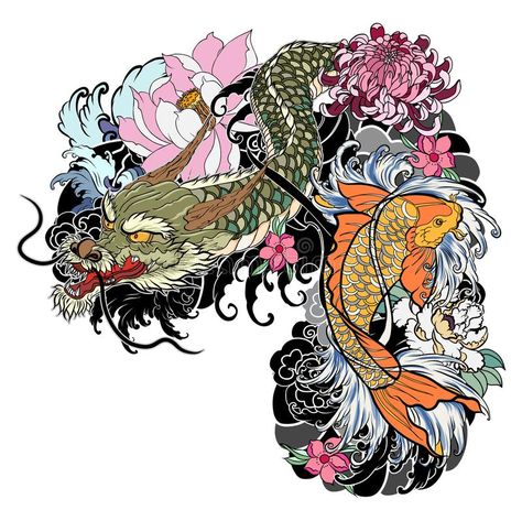 Drawn Dragon, Dragon Tattoo Vector, Dragon Koi Fish, Waterfall Tattoo, Koi Dragon Tattoo, Japanese Koi Fish Tattoo, Carp Tattoo, Koi Tattoo Sleeve, Dragon Gate