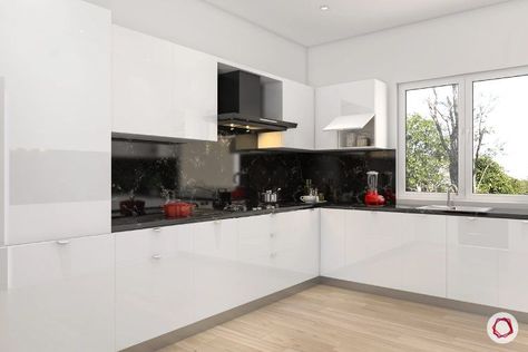 L Shaped Kitchen Interior, Modern Kitchen Hood, L Shaped Modular Kitchen, L Shaped Kitchen Designs, Interior Design India, Kitchen Hood Design, Homes Architecture, Kitchen Modular, Kitchen Tiles Design