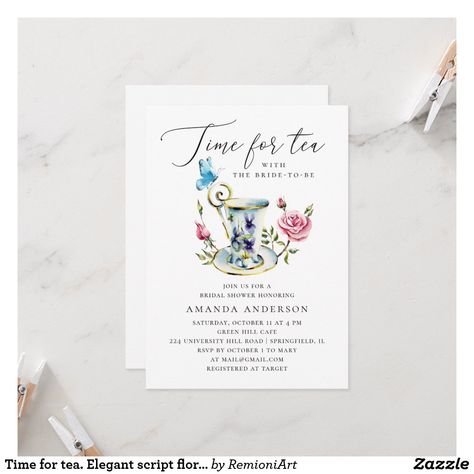 Time for tea. Elegant script floral bridal shower Invitation Garden Tea Party Ideas, Tea Party Wedding Shower, Bridal Tea Party Invitations, Bridal Tea Invitations, Tea Party Bridal Shower Invitations, Alice In Wonderland Invitations, Tea Bridal Shower Invitations, Love Is In Bloom, Kitchen Bridal Shower