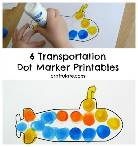 6 Transportation Dot Marker Printables - car, train, boat, airplane, submarine and truck Submarine Activities Preschool, Sea Transportation Preschool Activities, Water Transportation Preschool Crafts, Water Transportation Activities, Transportation Crafts For Preschoolers, Submarine Craft, Christmas Vinyl Projects, Preschool Transportation, Dot Marker Printables