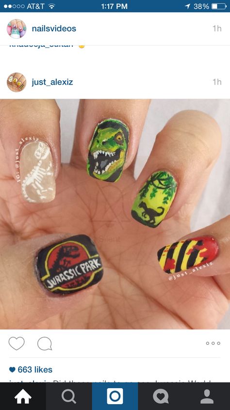 Jurassic park nails Jurassic Park Nails Designs, Jurrasic Park Nails, Jurassic Park Nails, Dino Nails, Dinosaur Nails, Universal Nails, Movie Nails, Teacher Nails, Scary Nails