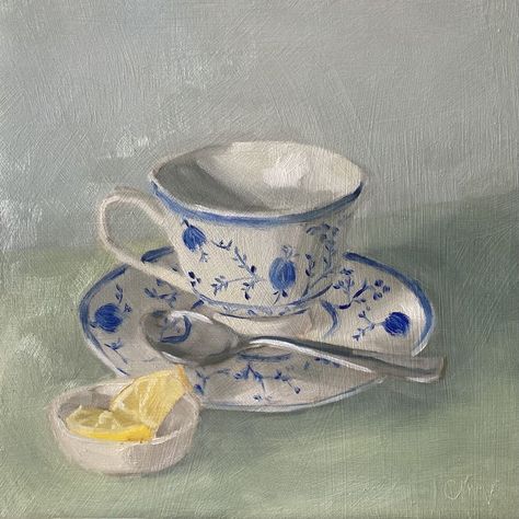 Teacup Drawing Vintage, Painting Of Tea Cup, Vintage Teacups Antique, Teacup And Saucer Drawing, Blue Teacup Aesthetic, Paintings Of Tea Cups, Cup Of Tea Painting Acrylic, Teacup Still Life, Teacup Oil Painting