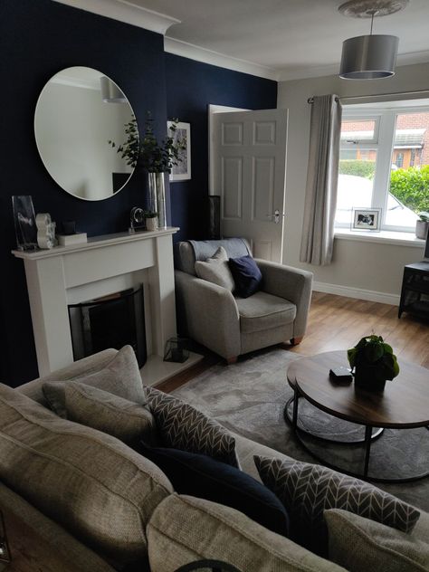 Living Room Navy And Grey, Sapphire Blue Living Room, Dulux Sapphire Salute Living Rooms, Grey Navy Blue Living Room, Navy Lounge Ideas, Sapphire Salute Bedroom, Modern Cozy Decor, Sapphire Salute Living Room, Grey And Navy Living Room Ideas