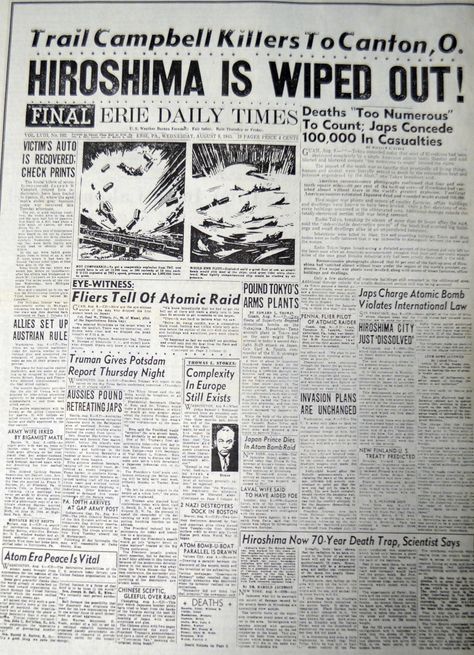 Iconic front page detailing coverage of the atomic bomb dropped on Hiroshima dated August 8, 1945. Newspaper Front Pages, Newspaper Headlines, Historical Newspaper, Vintage Newspaper, Historical Moments, Vintage Everyday, Old Newspaper, Nagasaki, Newsies