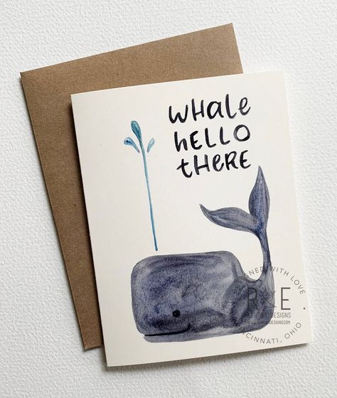 "A fun card to just say hi to someone! The front image shows a hand painted watercolor illustration of a whale, spouting water accompanied by the greeting, \"Whale Hello There\".  **Watermark on image will NOT print. The inside is left blank for your thoughts. 4.25\"x5.5\" presentation. Thick stock paper. Brown kraft envelope included. Comes in a clear cellophane bag. Thank you for supporting handmade! Need more than 1? Contact me! I am happy to sell these in bigger quantities, and will adjust t Diy Cards Thank You, Whale Diy, Handmade Postcards, Watercolor Postcards, Diy Postcard, Punny Cards, Watercolor Postcard, Learn Watercolor, Karten Design