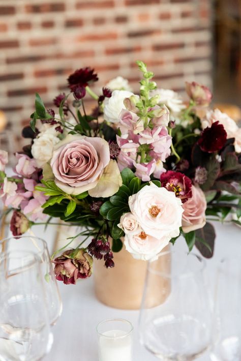 Real Wedding | Danielle + Dylan - kraftandcompany.com Pink And Burgundy Flower Arrangements, Blush Dahlia Bouquet, Burgundy And Blush Floral Arrangements, Burgundy Dahlia Centerpiece, Burgundy And Pink Floral Arrangement, Wine Bridesmaid Dresses, Blush Color Palette, Fall Palette, Mauve Wedding