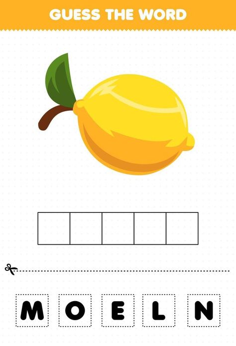 Education game for children guess the word letters practicing cute fruit lemon Guess The Word, Game For Children, Lemon Fruit, Lettering Practice, Cute Fruit, Vector Drawing, Games For Kids, Lemon, Clip Art