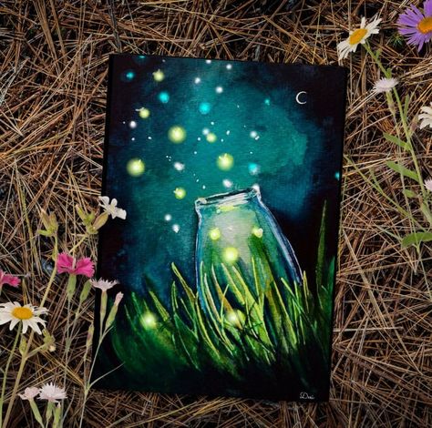 Firefly Wall Art | Forest at Night 5" x 7" Mini Print | Fireflies in a Jar Print from Original Artwork | Summertime Fireflies Mini Artwork Fireflies at night print created from an original watercolor painting inspired by fireflies in the dusky evening which were always a welcome sight in Upstate New York during the long humid summer months.  This art print is a 5"x7" greeting card sized mini print. Hang them on your wall or write on the back of them. The backs are plain. Shipping: US orders are shipped through USPS First Class Mail and should arrive in 4 to 7 days. International orders are shipped through USPS Standard International and the arrival time varies but most orders should arrive in 2-4 weeks. Please note International USPS has been experiencing delays and shipping times have bec Fireflies At Night, Firefly Painting, Forest At Night, Fireflies In A Jar, Wall Art Forest, Art Forest, Paint Canvas, Forest Wall Art, Creative Painting