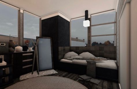 Modern Bedroom Idea Bloxburg, Bloxburg Dark Bedroom Ideas, Bloxburg Black House Ideas, Bloxburg House Modern Interior, Modern Bedroom Interior Bloxburg, Roblox Bloxburg House Ideas Layout Modern, Bloxburg Morden Bedroom, Bloxburg Home Decor, Apartment Interior Bloxburg