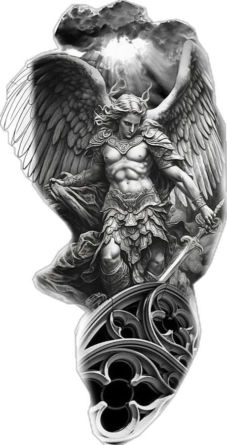 Mens Side Tattoos, Jesus Tattoo Sleeve, Angel Warrior Tattoo, St Michael Tattoo, Geometric Tattoo Sleeve Designs, Female Warrior Tattoo, Archangel Tattoo, Aztec Tattoo Designs, Back Piece Tattoo