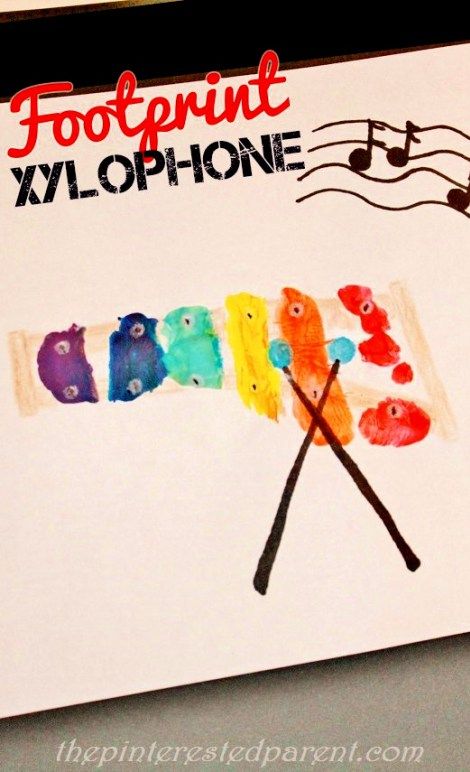 kids footprint ideas:  Footprint Xylophone.  Hold your child’s foot vertically & paint the colors of the rainbow horizontally across the foot leaving a small space in between colors. Armadillo Craft, Xylophone Craft, Art For Infants, Instrument Craft, Abc Crafts, Footprint Craft, Baby Art Projects, Footprint Crafts, Love Of Music