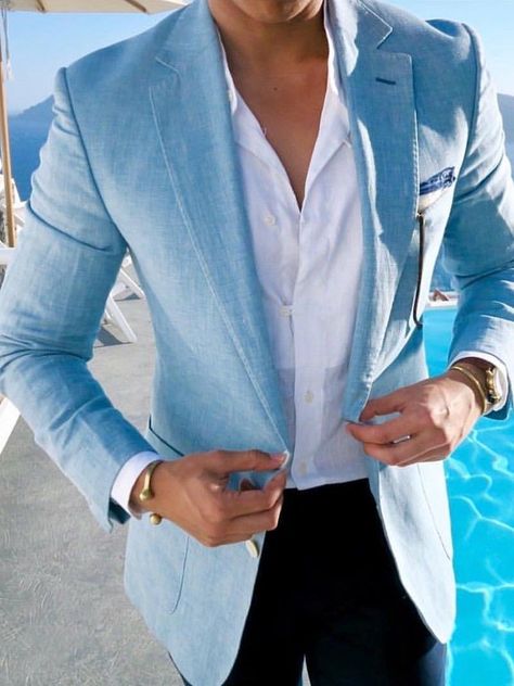 Blue Blazer Outfit Men, Blue Blazer Outfit, Men Suits Blue, Light Blue Blazer, Blazer Outfits Men, White Jeans Men, Mens Summer Outfits, Mens Fashion Blazer, Mens Fashion Smart