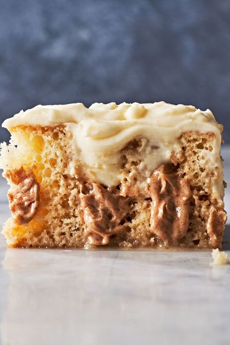 Cinnamon Roll Poke Cake Cinnamon Roll Poke Cake, Birthday Cake Fudge, Birthday Cake Popcorn, Boston Cream Poke Cake, Strawberry Crunch Cake, Banana Pudding Poke Cake, Pudding Poke Cake, Cake Ball Recipes, Peach Dump Cake