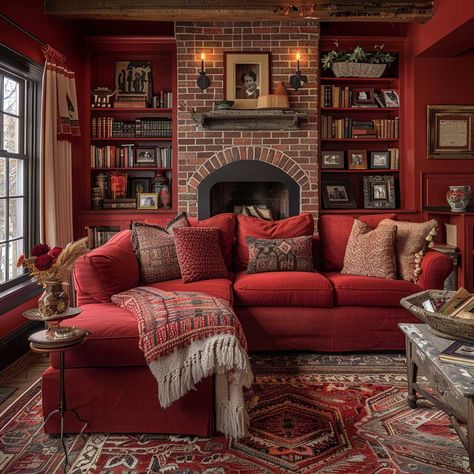 Family Room With Red Brick Fireplace, Red Brick Fireplace Living Room, Red Brick Wall Living Room, Red Brick Wall Interior, Living Room With Red Sofa, Brick Wall Interior Living Room, Red Living Room Walls, Red Brick Fireplace, Brick Fireplace Wall