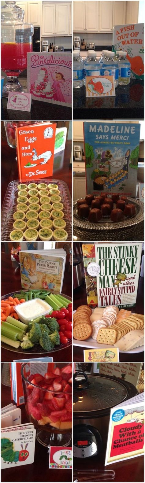 A Storybook Theme Baby Shower - so many cute children's book & food pairing ideas! ♥: Storybook Birthday, Pairing Ideas, Book Shower, Storybook Theme, Book Food, Storybook Baby Shower, Elizabeth Jane, Food Pairing, Mini Quiches