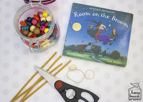 Simple Fine Motor Craft Inspired By Book Room On The Broom Room On The Broom Stem, Room On A Broom, Makerspace Library, Room On The Broom, Sensory Bag, Halloween Sensory, Fine Motor Activity, Broom Handle, Book Room