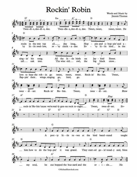 Free Sheet Music for Rockin Robin. Key of A Major, Bb Major, C Major, D Major, Eb Major, F Major, and G Major. Enjoy! 1960 Music, Bagpipe Music, Easy Sheet Music, 20th Century Music, Rockin Robin, Dinosaur Dinosaur, Elementary Music Teacher, Flute Sheet Music, Easy Piano Sheet Music