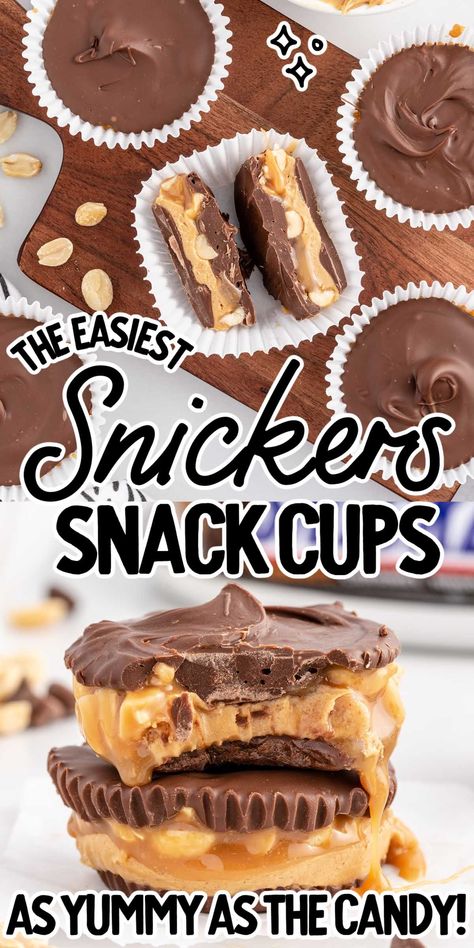 Snickers Snack Cups Snickers Snack Cups, Diy Snickers Bar Healthy, Snicker Cups, Snickers Cups, Diy Gummies, Cocotte Recipes, Christmas Trays, Candy Bar Recipe, Homemade Peanut Butter Cups