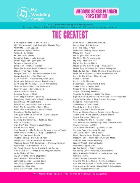 "Are you planning the wedding of your dreams and searching for the perfect playlist to set the mood? Look no further! \"The Greatest Wedding Songs PDF\" is your ultimate guide to creating a magical and unforgettable wedding day. Product Highlights: Curated Perfection: Our PDF collection features a handpicked selection of the greatest wedding songs of all time, carefully chosen to make your special day even more memorable. Diverse Selection: Whether you prefer classic love ballads, contemporary h Songs For A Wedding, Good Wedding Songs, Wedding Party Playlist, Wedding Playlist Ceremony, Songs For Wedding, Reception Playlist, Reception Songs Playlist Ideas, Wedding Dance Songs Party Playlist Ideas, Wedding Playlist Reception Song List