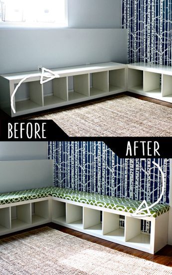 DIY Furniture Hacks |  Padded Bench Out of Bookshelf  | Cool Ideas for Creative Do It Yourself Furniture Made From Things You Might Not Expect - http://diyjoy.com/diy-furniture-hacks Front Sunroom, Urban Ladder, Padded Bench, Homemade Furniture, Diy Furniture Hacks, Furniture Hacks, Toy Rooms, Cool Ideas, Upholstered Bench