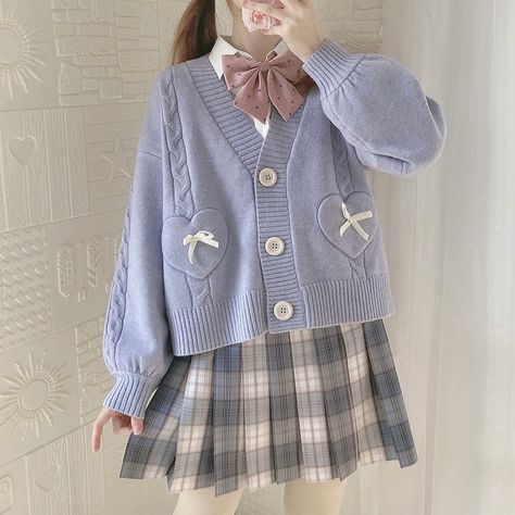 Pastel Kawaii Aesthetic, School Coat, Cardigan Y2k, Outfit Cardigan, Japan Kawaii, The Cardigans, Spring Knits, Áo Len Cardigan, Cropped Knit Sweater