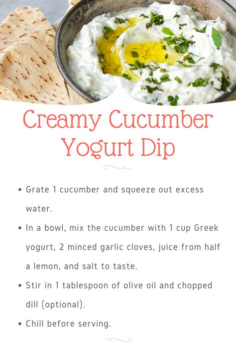 Elevate your snack game with this creamy cucumber yogurt dip, also known as Tzatziki. Made with Greek yogurt, grated cucumber, garlic, and a hint of lemon, this dip is perfect for veggies, pita, or grilled meats. #Tzatziki #HealthySnacks #MediterraneanFood #DipRecipes #CucumberLove Cucumber Yogurt Dip, Cucumber Yogurt, Creamy Cucumbers, Grilled Meats, Game Snacks, Yogurt Dip, Grilled Meat, Dip Recipes, Mediterranean Recipes