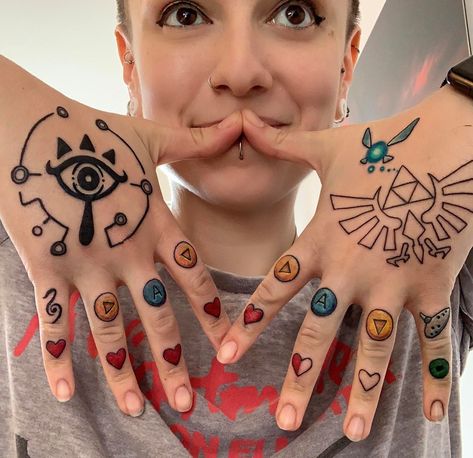 Photo: Ziggy Jacobs-Wyburn https://www.facebook.com/ziggy.jacobs Triforce Hand Tattoo, Zelda Hand Tattoo, Zelda Triforce Tattoo, Zelda Tattoo Ideas, Zelda Sleeve, Triforce Tattoo, Hand Tatto, Video Game Tattoos, Tattoos Hand