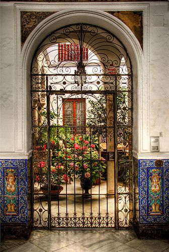 Patios of Sevilla                                                                                                                                                                                 More Spanish Garden, Sevilla Spain, Funny Travel, Travel Clothes, Hacienda Style, Spanish Style Homes, Beautiful Patios, Wrought Iron Gates, Spanish Revival