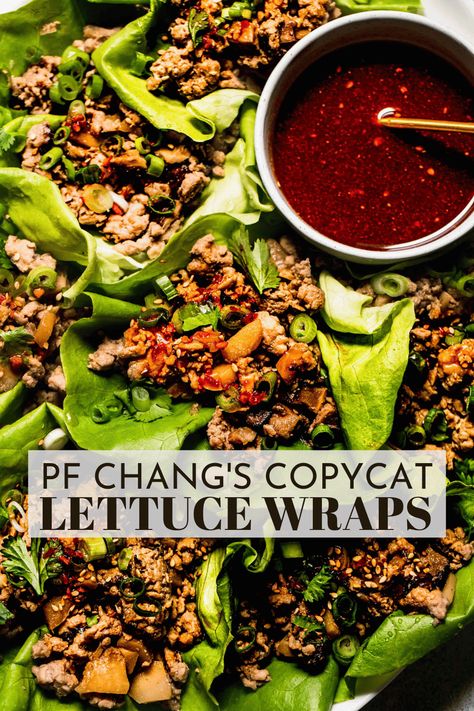 This PF Changs Lettuce Wraps recipe is so good! Ground chicken is wrapped in cooling lettuce cups and topped with a special customizable dipping sauce. // chicken // copycat // easy // dipping sauce // better than PF Chang's Lettuce Wraps Pf Changs Recipe, Lettuce Wrap Sauce, Pf Changs Lettuce Wraps, Pf Changs Chicken Lettuce Wraps, Thai Lettuce Wraps, Chicken Sushi, Thai Chicken Lettuce Wraps, Chicken Lettuce Cups, Easy Dipping Sauce