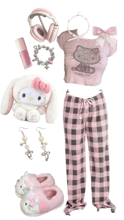 Pink hello kitty Sanrio Pjs coquette outfit ✧༺ #coquette #hellokitty #sanrio #pink #hellokittycore #sanriocore My Melody Pjs, Sanrio Pjs, Pjs Coquette, Hello Kitty Pjs, Apartment Decorating For Couples, Outfit Coquette, Sanrio Pink, Coquette Outfit, Cute Pjs