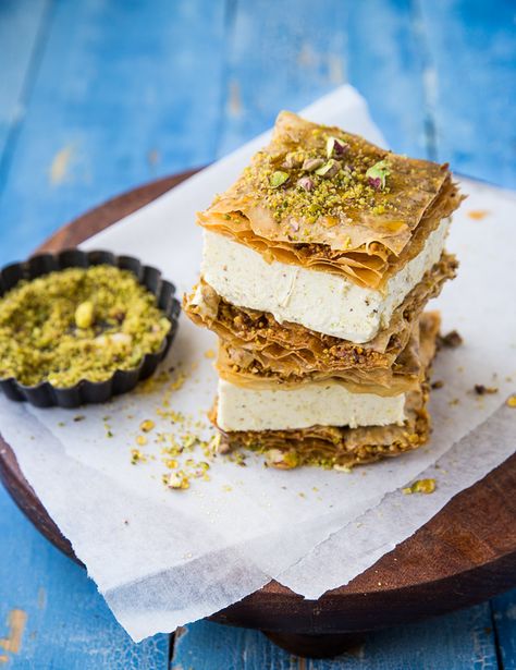 Baklava Pistachio Sandwich Ice cream Pistachio Sandwich, Baklava Recipes, Baklava Pistachio, Eid Baking, Sandwich Ice Cream, حلويات عربية, Arabic Dessert, Baklava Recipe, Greek Sweets