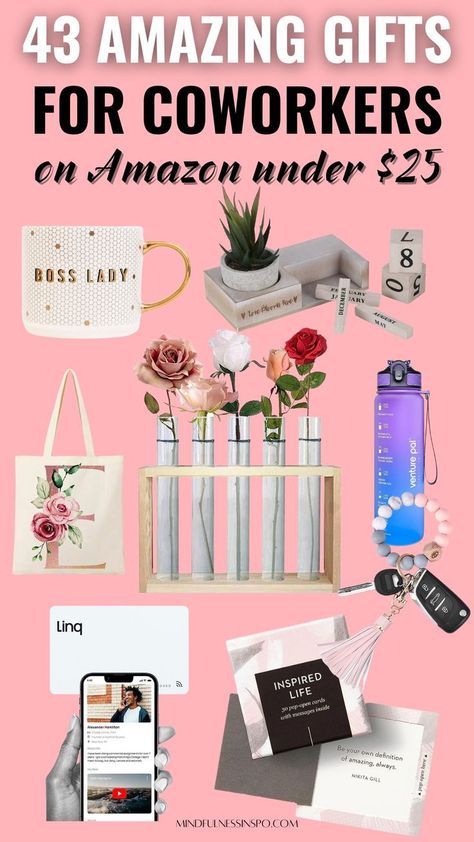 43 amazing gifts for coworkers on Amazon under $25 featuring boss lady mug, Rustic Cubicle Desk Calendar, personalized with initial letter canvas tote bag, water bottle with time markers, keychain wristlet, digital business card, inspirational cards and a wood and glass vase and more gifts for coworkers in the holiday gift guide on mindfulnessinspo.com Cute Amazon Gifts, Office Christmas Gifts Coworkers, Xmas Gifts For Coworkers, Inexpensive Christmas Gifts For Coworkers, Cheap Gifts For Coworkers, Small Christmas Gifts For Coworkers, Gifts For Male Coworkers, Best Gifts For Coworkers, Goodbye Gifts For Coworkers