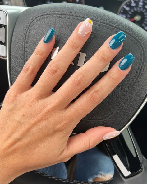 Daisy Nails Blue, Peacock Blue Nails, Simple Daisy Nails, Nails Daisies, Daisies Nails, Sky Blue Nails, Daisy Nails, Blue Peacock, Blue Daisy