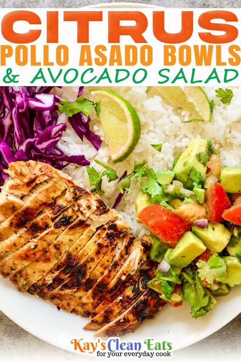 Citrus Pollo Asado Bowls with Avocado Salad is one of our family favorites! A quick weeknight meal everyone loves. Use the leftovers for tacos, bowls, burritos, quesadillas and on top of salads! Pollo Asado truly is the perfect blend of sweet and smokey. Pollo Asado is sweet and slightly smokey it tastes fantastic with some extra lime juice drizzled on top. | @kayscleaneats #healthyfamilydinner #citruschickenrecipe #bestavocadosalad #familydinner Pollo Asado Sides, Pollo Asado Recipe, Pollo Asada, Ninja Grill, Light Cooking, Bowl Meals, Avocado Salad Recipes, Drink Inspiration, Healthy Mexican