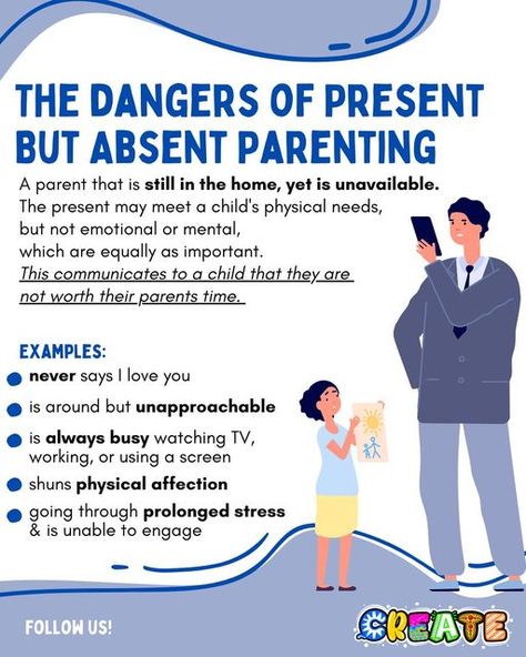 Create Kids Inc on Instagram: "😓Sometimes being in the home but not mentally or emotionally available hurts more or as much as than being completely absent. It can create deeper anger and loneliness than parents realize. 👉It's because a child doesn't feel worthy of your attention or care. They begin to attach these feelings to their own identity. 🧐A child doesn't understand how hard or hectic life is for adults. They aren't developmentally ready to understand how circumstances effect a person Emotionally Absent Parents, Absent Parent, Absent Parents, Emotionally Available, Mindful Activities, Parenting Knowledge, Parenting Help, Indie Room, Say I Love You