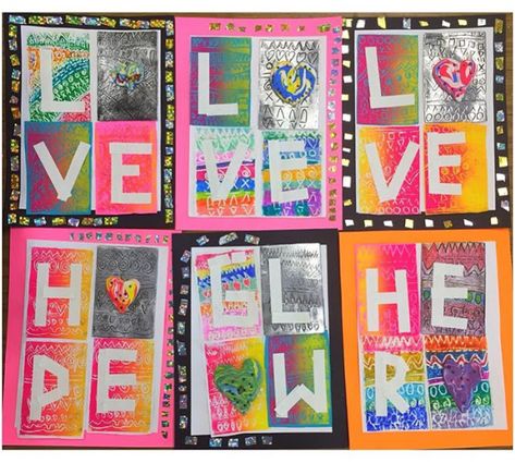 I have been oversharing this lesson so much on my Instagram because I LOVE IT! My second graders learned so much in the making of these kindness prints: how to create a printing plate, make marker pri Grade 1 Art, Valentine Art Projects, Robert Indiana, First Grade Art, Cassie Stephens, 2nd Grade Art, 4th Grade Art, 3rd Grade Art, Valentine Projects