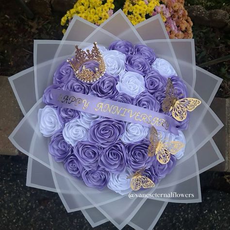 Purple Quince Ramo, Purple And White Roses, Forever Flower Bouquets, Ribbon Rose Bouquets, Roses Bouquet Gift, Ribbon Flowers Bouquet, Flower Boquet, Purple Bouquets, Valentine Bouquet