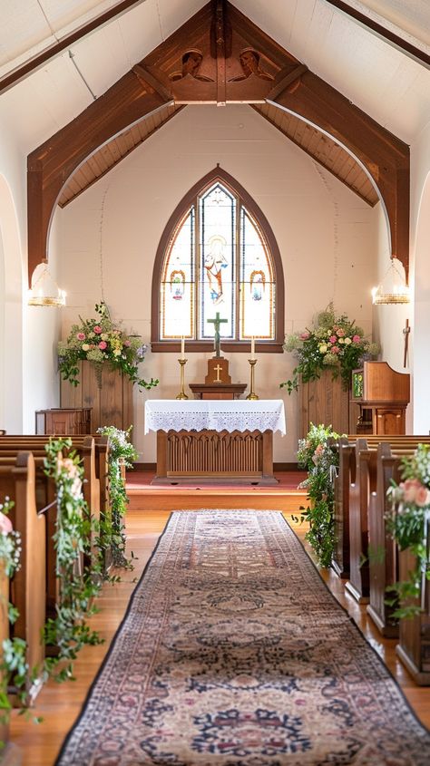 Download 'Decorated Church Interior' - The beautifully decorated church interior with stained glass windows, floral arrangements, and a central aisle leading to the altar. - Get this free stock photo and more high-quality images on StockCake. No attribution required. Church Wedding Alter Flowers, Church Wedding Flowers Altar Catholic, Small Chapel Wedding Decorations, Church Wedding Altar Decorations, Small Church Wedding Photos, Altar Arrangement Church, Chapel Decorations Wedding, Chapel Wedding Decor, Small Church Wedding Decorations