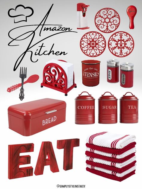 Amazon Home Red And Black Kitchen Decor, Kitchen Decor Amazon, Red And Black Kitchen, Amazon Kitchen Decor, Farmhouse Kitchen Wall Decor, Vintage Kitchen Canisters, Kitchen Hot Pads, Black Kitchen Decor, Wooden Family Signs