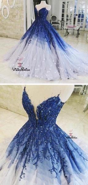 Royal Blue Prom Dresses Long, Ombre Prom Dress, Blue Prom Dresses Long, Royal Blue Ball Gown, Dress With Applique, Royal Blue Prom, Quince Dresses Mexican, Blue Prom Dresses, Ombre Prom Dresses