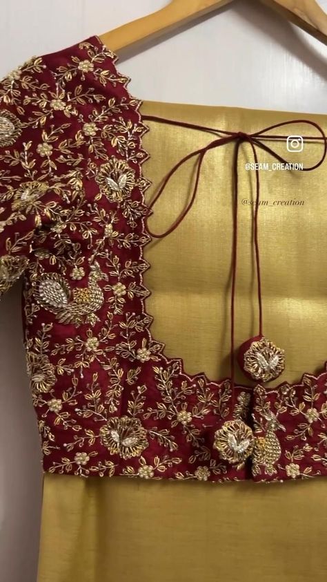 Blouse Work Designs Bridal, All Over Work Blouse Design Latest, Red Blouse Gold Work, Maggam Work Blouse Designs Bridal Latest, Bridal Blouse Work Indian Weddings, Marron Blouse Maggam Work, Aari Work For Red Blouse, Maggam Blouses Wedding, Red Bridal Maggam Work Blouse